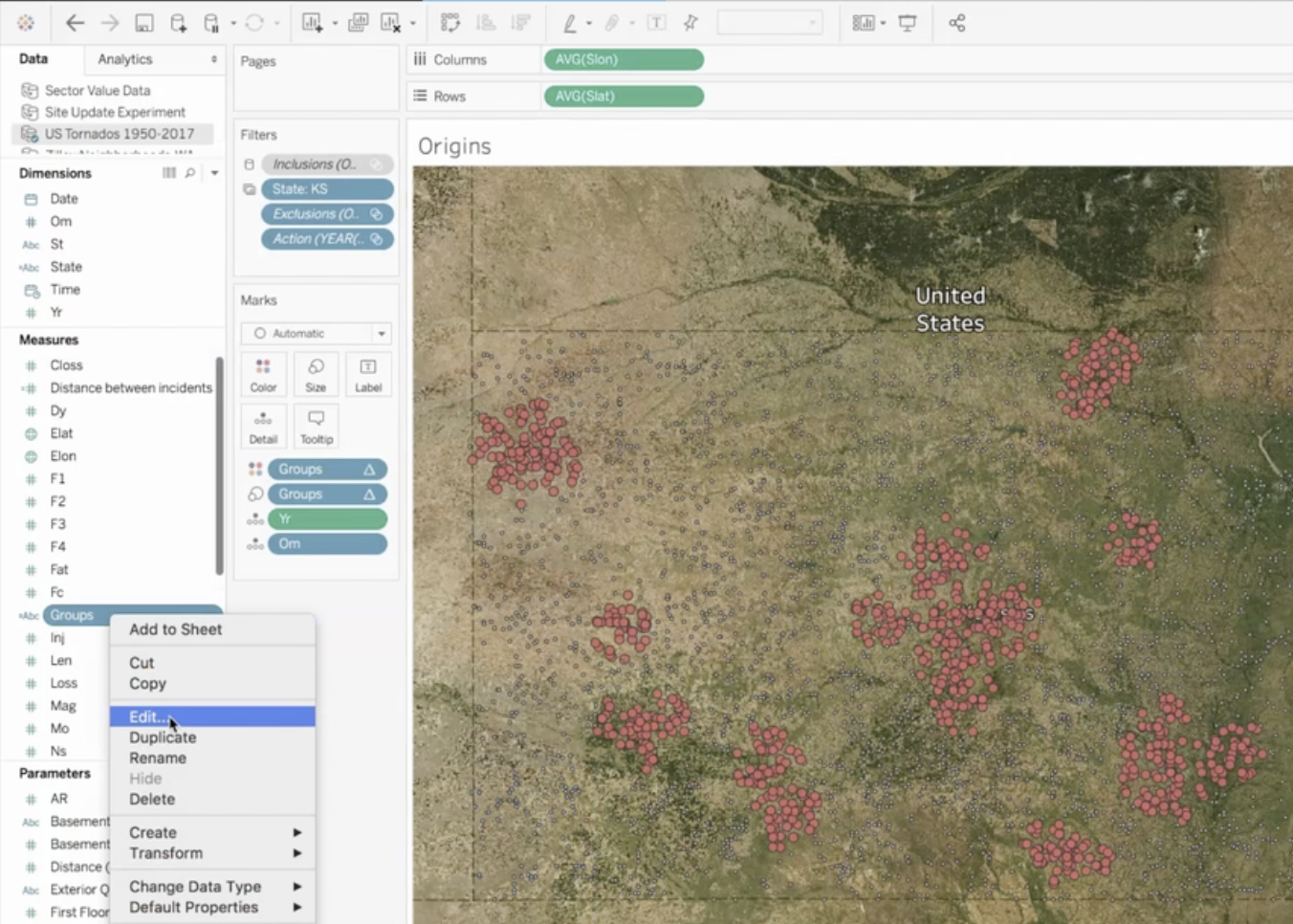 Tableau Desktop viz showing cluster of tornado origins