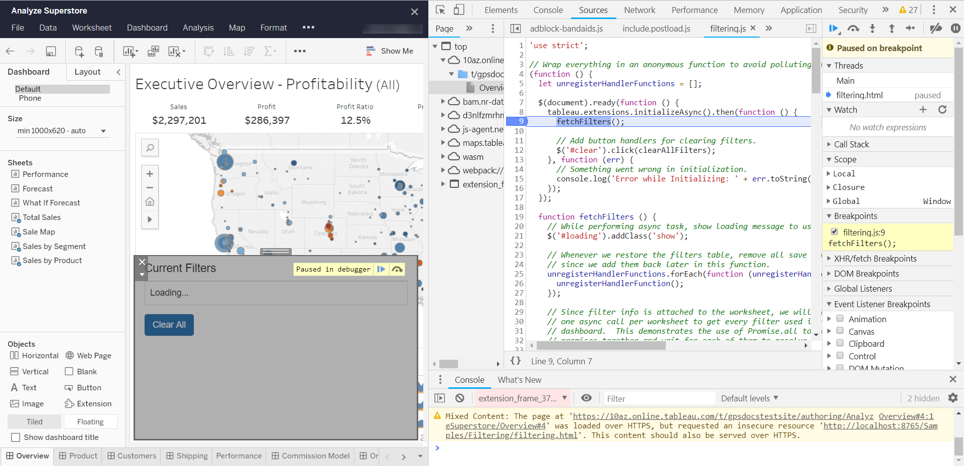 Chrome DevTools showing a the debugger paused on an extension breakpoint alt text