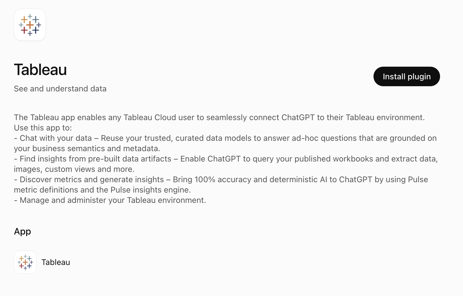 Tableau plugin listing in ChatGPT