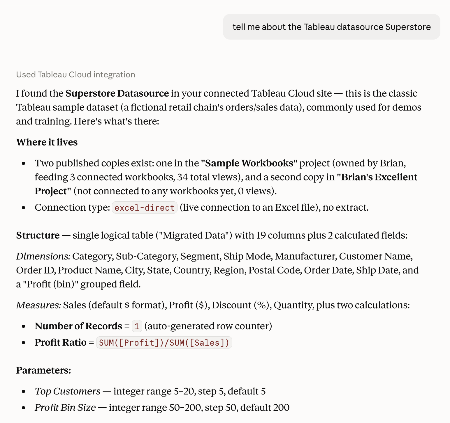 Tableau connector example usage in Claude