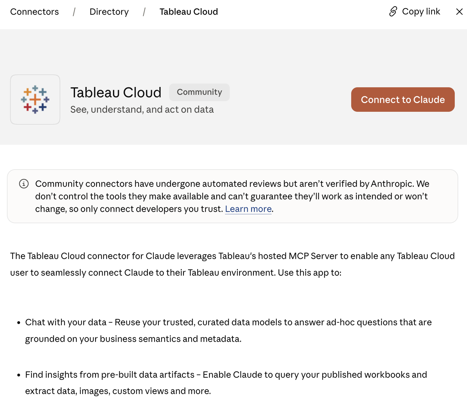 Tableau Cloud connector listing in Claude